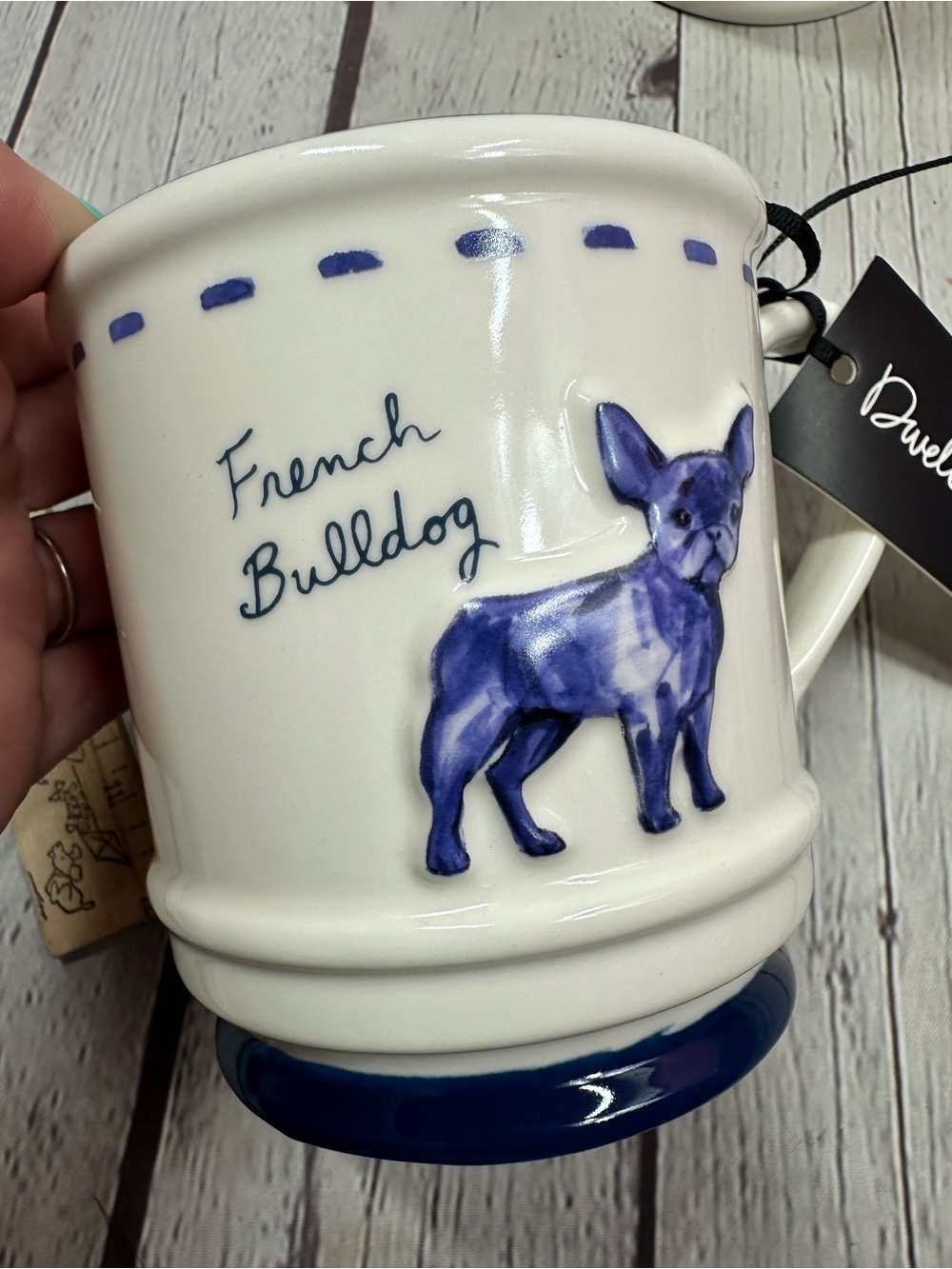 NWT dwell studio frenchie French Bulldog Mug 2pc Blue White traditional cottage